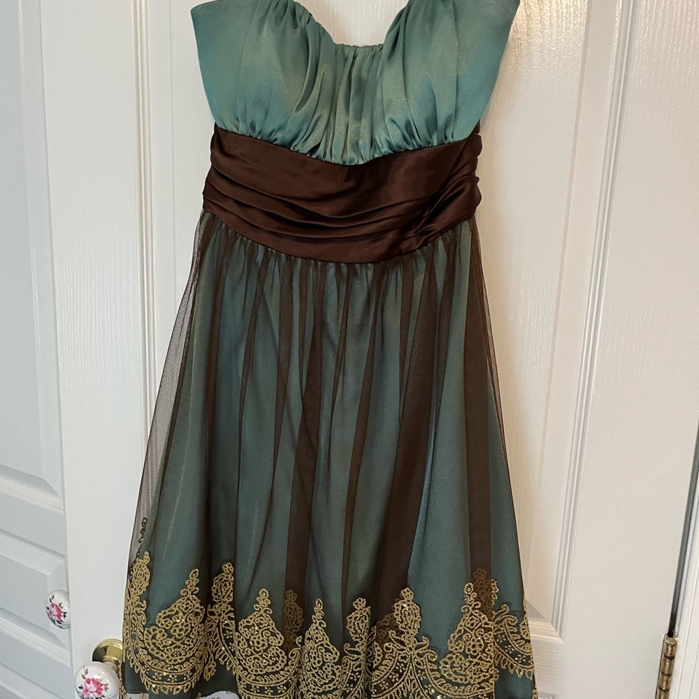 Elegant Greenish and Brown Strapless Dress with Gold Trim